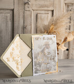 SAVE THE DATES photo vellum plexi  Sage green  and Gold Deckled Edges Save the Date Cards with Photo, Boho Vellum Golden Save Our Dates with Photo 8