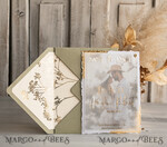 SAVE THE DATES photo vellum plexi  Sage green  and Gold Deckled Edges Save the Date Cards with Photo, Boho Vellum Golden Save Our Dates with Photo 8