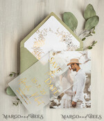 SAVE THE DATES photo vellum plexi  sage green Gold eucalyptus Save the Date Cards with Photo, Vellum Save Our Dates with Photo Gold Foil Calendar Cards 6
