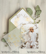 SAVE THE DATES photo vellum plexi  sage green Gold eucalyptus Save the Date Cards with Photo, Vellum Save Our Dates with Photo Gold Foil Calendar Cards 6