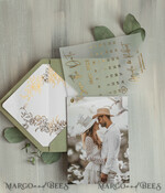 SAVE THE DATES photo vellum plexi  sage green Gold Calendar Save the Date Cards with Photo, Vellum Save Our Dates with Photo Gold Foil Calendar Cards 12