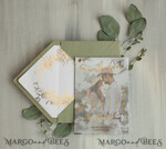 SAVE THE DATES photo vellum plexi  sage green Gold Calendar Save the Date Cards with Photo, Vellum Save Our Dates with Photo Gold Foil Calendar Cards 12