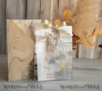 SAVE THE DATES photo vellum plexi  Ivory Gold Marble Save the Date Cards with Photo, Vellum Save Our Dates with Photo Gold Foil Calendar Cards 13