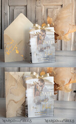SAVE THE DATES photo vellum plexi  Ivory Gold Marble Save the Date Cards with Photo, Vellum Save Our Dates with Photo Gold Foil Calendar Cards 13