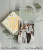 SAVE THE DATES photo vellum plexi  sage green Gold wild flowers Save the Date Cards with Photo, Vellum Save Our Dates with Photo Gold Foil Calendar Cards 11