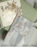 SAVE THE DATES photo vellum plexi  sage green Gold wild flowers Save the Date Cards with Photo, Vellum Save Our Dates with Photo Gold Foil Calendar Cards 11