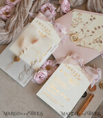 WEDDING INVITATIONS whimsical boho invites Whimsical Blush Gold Wedding Invitation with vellum etui natural dierd flowers pampass gras, Garden Elegant Floral Wedding Invitation with mirror gold heart35