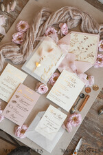 WEDDING INVITATIONS whimsical boho invites Whimsical Blush Gold Wedding Invitation with vellum etui natural dierd flowers pampass gras, Garden Elegant Floral Wedding Invitation with mirror gold heart35