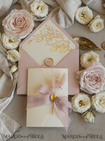 WEDDING INVITATIONS whimsical boho invites Folder Blush Gold Wedding Invitation with chiffon torn bow and natural dried flowers, Golden Elegant Roses Floral Wedding Invitation with golden mirror heart27