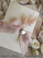WEDDING INVITATIONS whimsical boho invites Folder Blush Gold Wedding Invitation with chiffon torn bow and natural dried flowers, Golden Elegant Roses Floral Wedding Invitation with golden mirror heart27