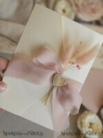 WEDDING INVITATIONS whimsical boho invites Folder Blush Gold Wedding Invitation with chiffon torn bow and natural dried flowers, Golden Elegant Roses Floral Wedding Invitation with golden mirror heart27