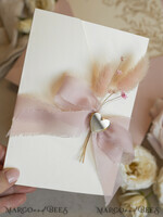 WEDDING INVITATIONS whimsical boho invites Folder Blush Gold Wedding Invitation with chiffon torn bow and natural dried flowers, Golden Elegant Roses Floral Wedding Invitation with golden mirror heart27