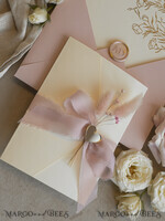 WEDDING INVITATIONS whimsical boho invites Folder Blush Gold Wedding Invitation with chiffon torn bow and natural dried flowers, Golden Elegant Roses Floral Wedding Invitation with golden mirror heart27