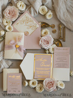 WEDDING INVITATIONS whimsical boho invites Folder Blush Gold Wedding Invitation with chiffon torn bow and natural dried flowers, Golden Elegant Roses Floral Wedding Invitation with golden mirror heart27