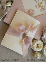 WEDDING INVITATIONS whimsical boho invites Folder Blush Gold Wedding Invitation with chiffon torn bow and natural dried flowers, Golden Elegant Roses Floral Wedding Invitation with golden mirror heart27