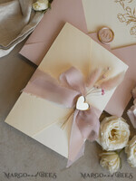 WEDDING INVITATIONS whimsical boho invites Folder Blush Gold Wedding Invitation with chiffon torn bow and natural dried flowers, Golden Elegant Roses Floral Wedding Invitation with golden mirror heart27