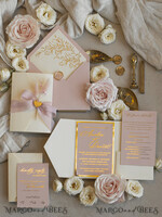 WEDDING INVITATIONS whimsical boho invites Folder Blush Gold Wedding Invitation with chiffon torn bow and natural dried flowers, Golden Elegant Roses Floral Wedding Invitation with golden mirror heart27