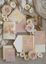 WEDDING INVITATIONS whimsical boho invites Folder Blush Gold Wedding Invitation with chiffon torn bow and natural dried flowers, Golden Elegant Roses Floral Wedding Invitation with golden mirror heart27
