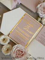 WEDDING INVITATIONS whimsical boho invites Folder Blush Gold Wedding Invitation with chiffon torn bow and natural dried flowers, Golden Elegant Roses Floral Wedding Invitation with golden mirror heart27