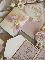 WEDDING INVITATIONS whimsical boho invites Folder Blush Gold Wedding Invitation with chiffon torn bow and natural dried flowers, Golden Elegant Roses Floral Wedding Invitation with golden mirror heart27