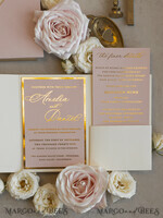 WEDDING INVITATIONS whimsical boho invites Folder Blush Gold Wedding Invitation with chiffon torn bow and natural dried flowers, Golden Elegant Roses Floral Wedding Invitation with golden mirror heart27