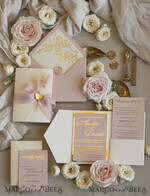 WEDDING INVITATIONS whimsical boho invites Folder Blush Gold Wedding Invitation with chiffon torn bow and natural dried flowers, Golden Elegant Roses Floral Wedding Invitation with golden mirror heart27