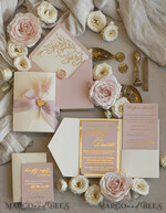 WEDDING INVITATIONS whimsical boho invites Folder Blush Gold Wedding Invitation with chiffon torn bow and natural dried flowers, Golden Elegant Roses Floral Wedding Invitation with golden mirror heart27
