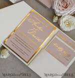 WEDDING INVITATIONS whimsical boho invites Folder Blush Gold Wedding Invitation with chiffon torn bow and natural dried flowers, Golden Elegant Roses Floral Wedding Invitation with golden mirror heart27