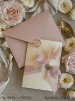 WEDDING INVITATIONS whimsical boho invites Folder Blush Gold Wedding Invitation with chiffon torn bow and natural dried flowers, Golden Elegant Roses Floral Wedding Invitation with golden mirror heart27