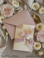 WEDDING INVITATIONS whimsical boho invites Folder Blush Gold Wedding Invitation with chiffon torn bow and natural dried flowers, Golden Elegant Roses Floral Wedding Invitation with golden mirror heart27