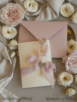 WEDDING INVITATIONS whimsical boho invites Folder Blush Gold Wedding Invitation with chiffon torn bow and natural dried flowers, Golden Elegant Roses Floral Wedding Invitation with golden mirror heart27