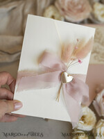 WEDDING INVITATIONS whimsical boho invites Folder Blush Gold Wedding Invitation with chiffon torn bow and natural dried flowers, Golden Elegant Roses Floral Wedding Invitation with golden mirror heart27