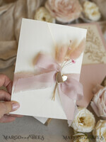 WEDDING INVITATIONS whimsical boho invites Folder Blush Gold Wedding Invitation with chiffon torn bow and natural dried flowers, Golden Elegant Roses Floral Wedding Invitation with golden mirror heart27