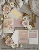 WEDDING INVITATIONS whimsical boho invites Folder Blush Gold Wedding Invitation with chiffon torn bow and natural dried flowers, Golden Elegant Roses Floral Wedding Invitation with golden mirror heart27
