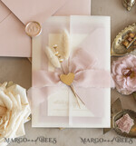 WEDDING INVITATIONS whimsical boho invites Whimsical Blush Gold Wedding Invitation with vellum jacket chiffon bow nad natural dierd flowers, Garden Elegant Floral Wedding Invitation with mirror gold heart25