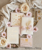 WEDDING INVITATIONS whimsical boho invites Whimsical Blush Gold Wedding Invitation with vellum jacket chiffon bow nad natural dierd flowers, Garden Elegant Floral Wedding Invitation with mirror gold heart25