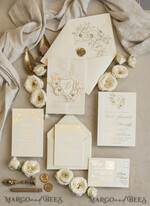 WEDDING INVITATIONS whimsical boho invites Vintage Floral Crest Monogram Blush Wedding Invitation with chiffon torn bow,  French Provence Garden Elegant Floral Wedding Invitation suite Deckled Torn edges , Elegant Toile de Jouy & Baroque Invitation set 22