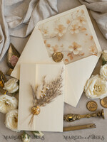 WEDDING INVITATIONS whimsical boho invites Folder Ivory Gold Wedding Invitation with natural dried flowers and pampass gras , Garden Elegant Floral Wedding Invitation16
