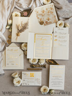 WEDDING INVITATIONS whimsical boho invites Folder Ivory Gold Wedding Invitation with natural dried flowers and pampass gras , Garden Elegant Floral Wedding Invitation16
