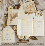 WEDDING INVITATIONS whimsical boho invites Folder Ivory Gold Wedding Invitation with natural dried flowers and pampass gras , Garden Elegant Floral Wedding Invitation16