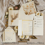 WEDDING INVITATIONS whimsical boho invites Folder Ivory Gold Wedding Invitation with natural dried flowers and pampass gras , Garden Elegant Floral Wedding Invitation16