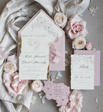 WEDDING INVITATIONS whimsical boho invites Vintage Floral Crest Monogram Blush Wedding Invitation with chiffon torn bow,  French Provence Garden Elegant Floral Wedding Invitation suite Deckled Torn edges , Elegant Toile de Jouy & Baroque Invitation set 13