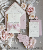 WEDDING INVITATIONS whimsical boho invites Vintage Floral Crest Monogram Blush Wedding Invitation with chiffon torn bow,  French Provence Garden Elegant Floral Wedding Invitation suite Deckled Torn edges , Elegant Toile de Jouy & Baroque Invitation set 13