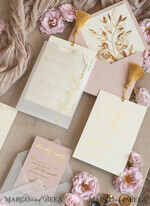 WEDDING INVITATIONS whimsical boho invites Whimsical Blush Gold Wedding Invitation with vellum etui  Garden Elegant Floral Wedding Invitation with mirror gold heart11