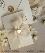 WEDDING INVITATIONS whimsical boho invites Folder Ivory Gold Wedding Invitation with chiffon torn bow and natural dried flowers , Golden Elegant Roses Floral Wedding Invitation with golden mirror heart20