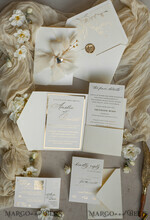 WEDDING INVITATIONS whimsical boho invites Folder Ivory Gold Wedding Invitation with chiffon torn bow and natural dried flowers , Golden Elegant Roses Floral Wedding Invitation with golden mirror heart20