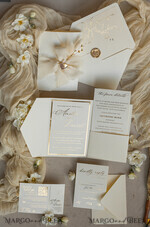 WEDDING INVITATIONS whimsical boho invites Folder Ivory Gold Wedding Invitation with chiffon torn bow and natural dried flowers , Golden Elegant Roses Floral Wedding Invitation with golden mirror heart20