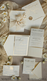 WEDDING INVITATIONS whimsical boho invites Folder Ivory Gold Wedding Invitation with chiffon torn bow and natural dried flowers , Golden Elegant Roses Floral Wedding Invitation with golden mirror heart20