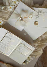 WEDDING INVITATIONS whimsical boho invites Folder Ivory Gold Wedding Invitation with chiffon torn bow and natural dried flowers , Golden Elegant Roses Floral Wedding Invitation with golden mirror heart20