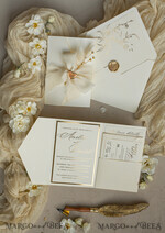 WEDDING INVITATIONS whimsical boho invites Folder Ivory Gold Wedding Invitation with chiffon torn bow and natural dried flowers , Golden Elegant Roses Floral Wedding Invitation with golden mirror heart20